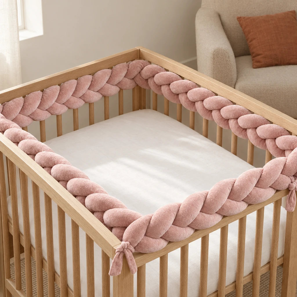 Tresse de lit 3 brins caramel installée dans un lit à barreaux en bois clair