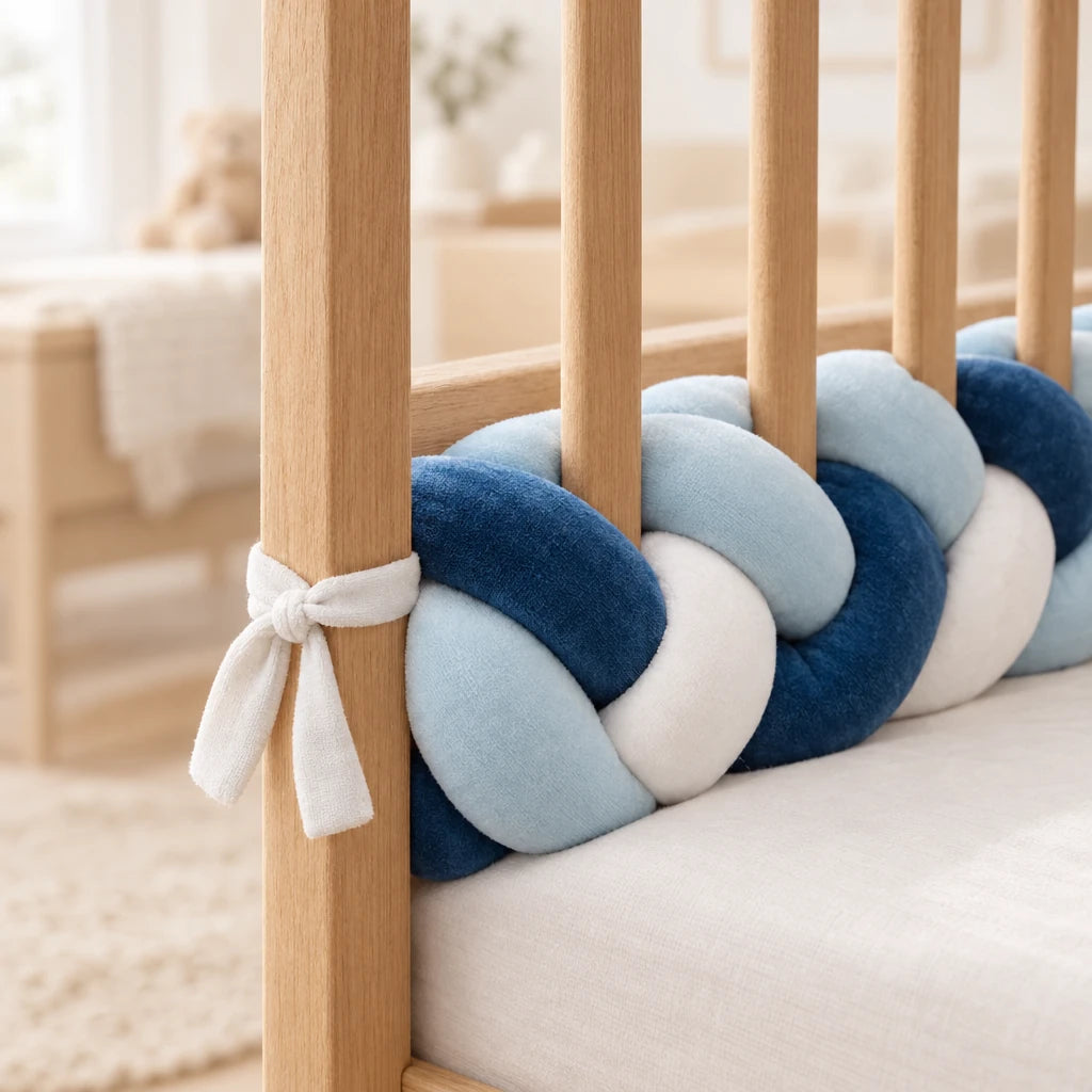 Gros plan sur le tressage de la tresse de lit 3 brins tricolore petit matelot, le long des barreaux