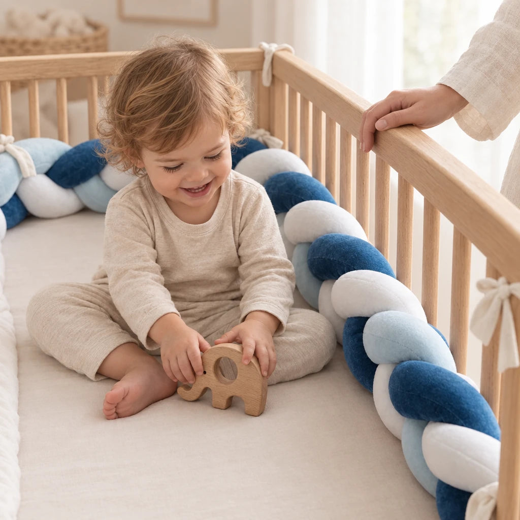 Enfant de 18 mois qui joue dans son lit habillé de la tresse de lit 3 brins tricolore petit matelot
