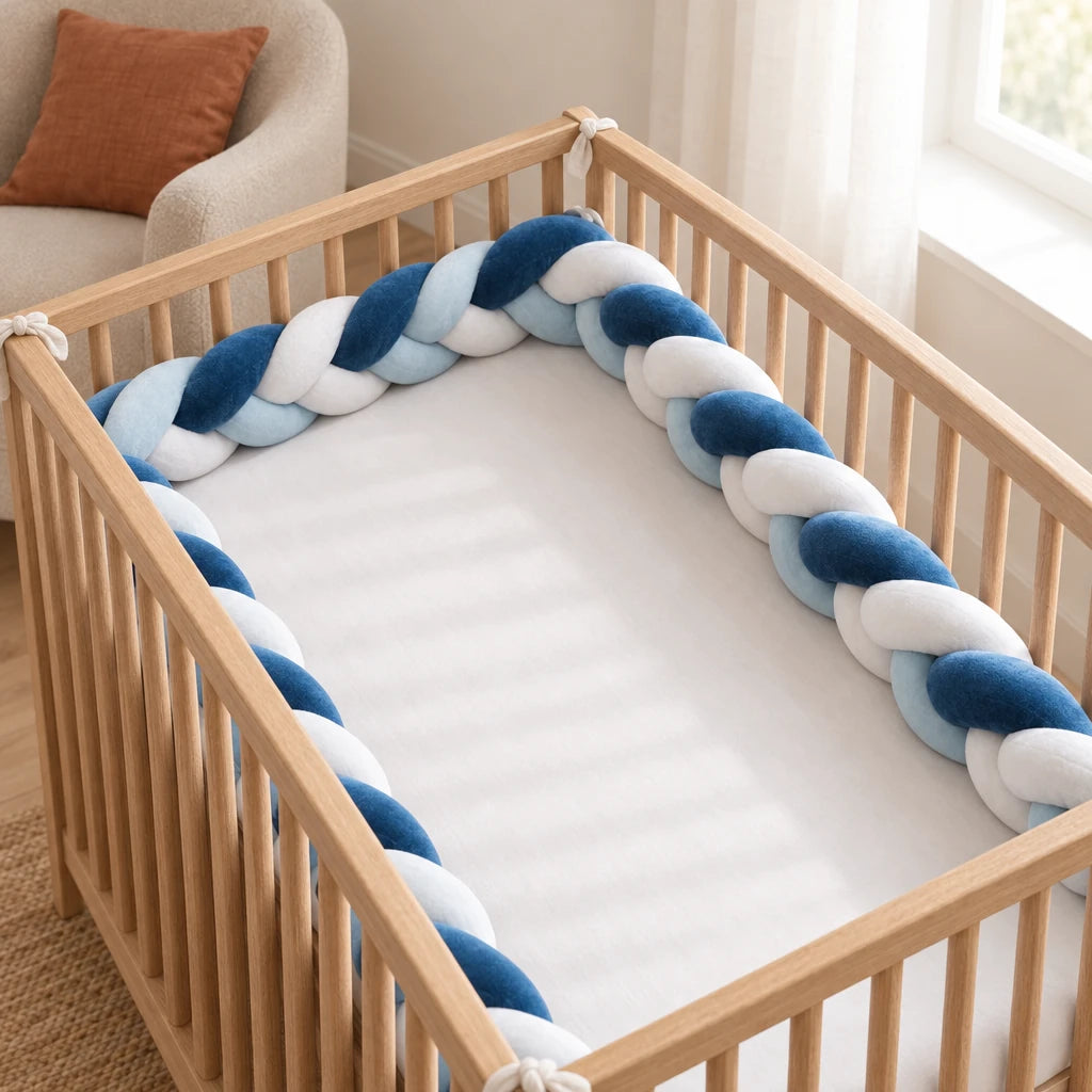 Tresse de lit 3 brins tricolore petit matelot installée dans un lit à barreaux en bois clair
