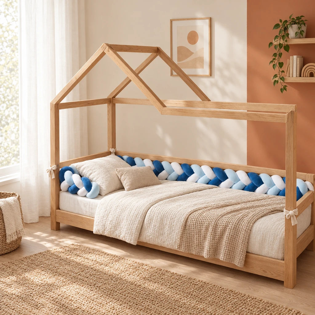 Tresse de lit 3 brins tricolore petit matelot sur un lit cabane en bois