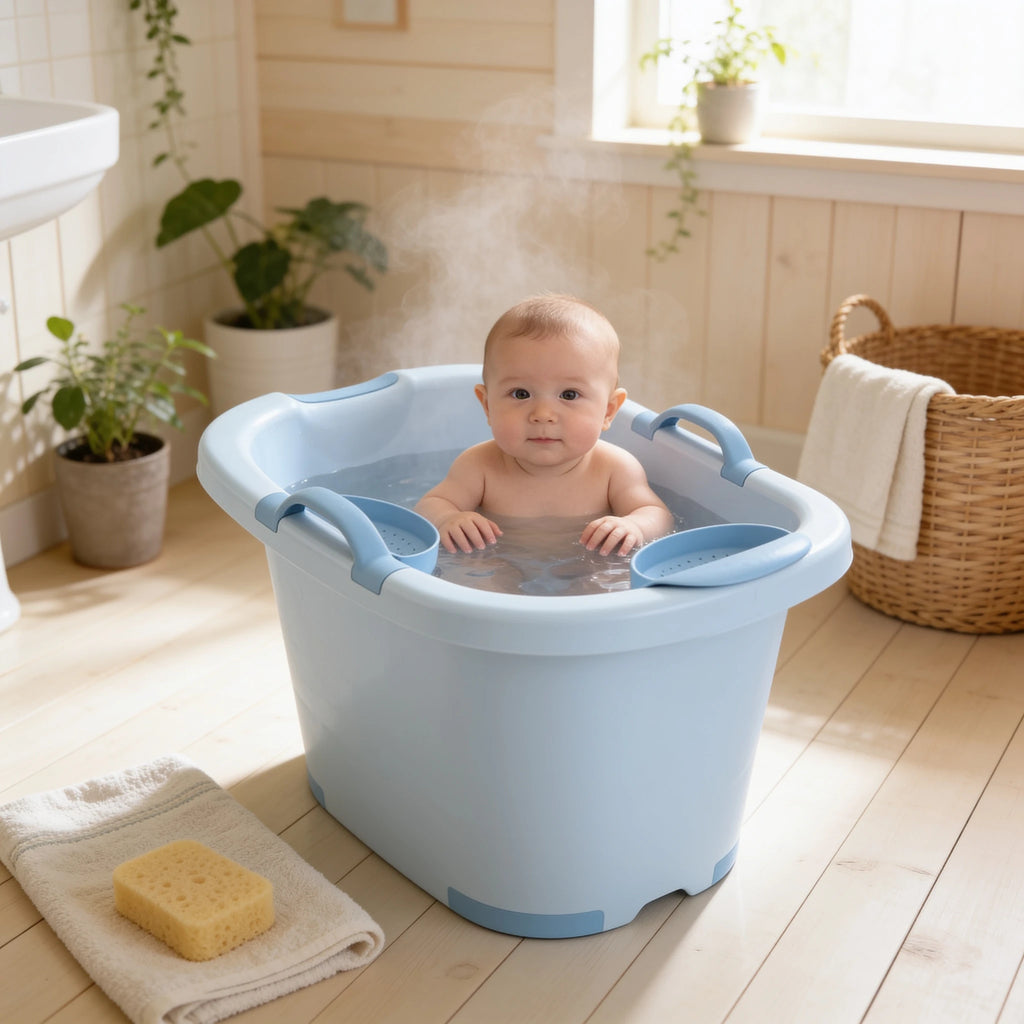 Baignoire bébé pliable luxe Petit Nid en situation dans la salle de bain, ambiance cosy