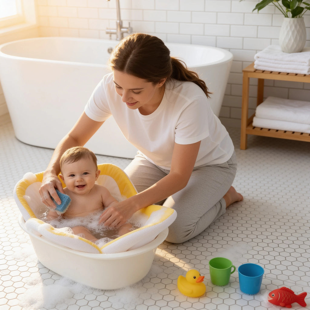 Coussin de baignoire bébé petit compagnon Doudou en situation dans la salle de bain, ambiance cosy