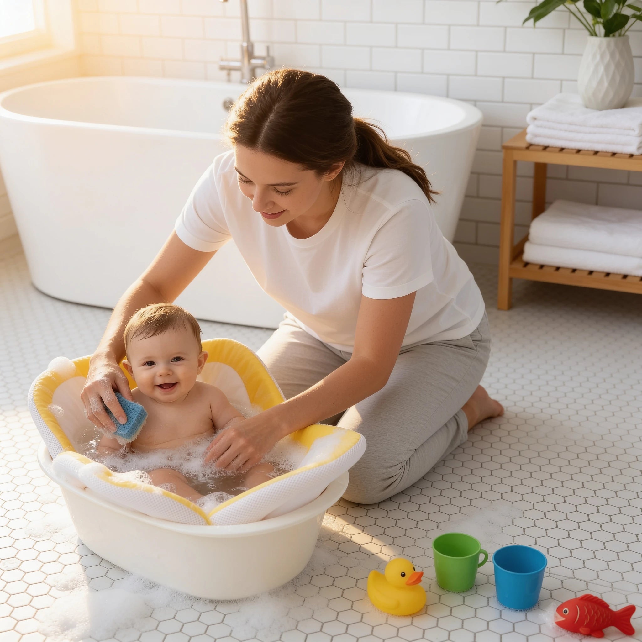 Coussin de baignoire bébé petit compagnon Doudou en situation dans la salle de bain, ambiance cosy