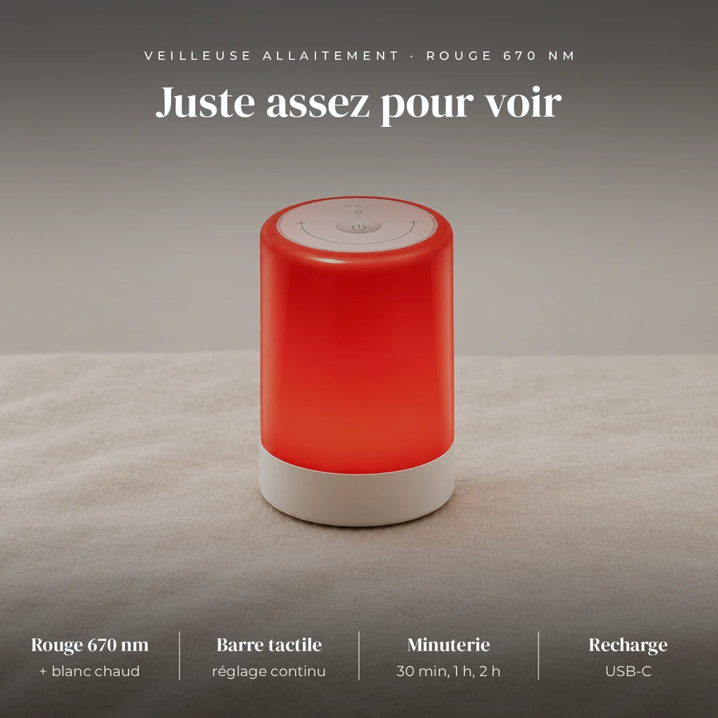 Veilleuse allaitement lumière rouge 670 nm : rouge 670 nm, rouge 670 nm et blanc chaud, barre tactile, luminosité en continu