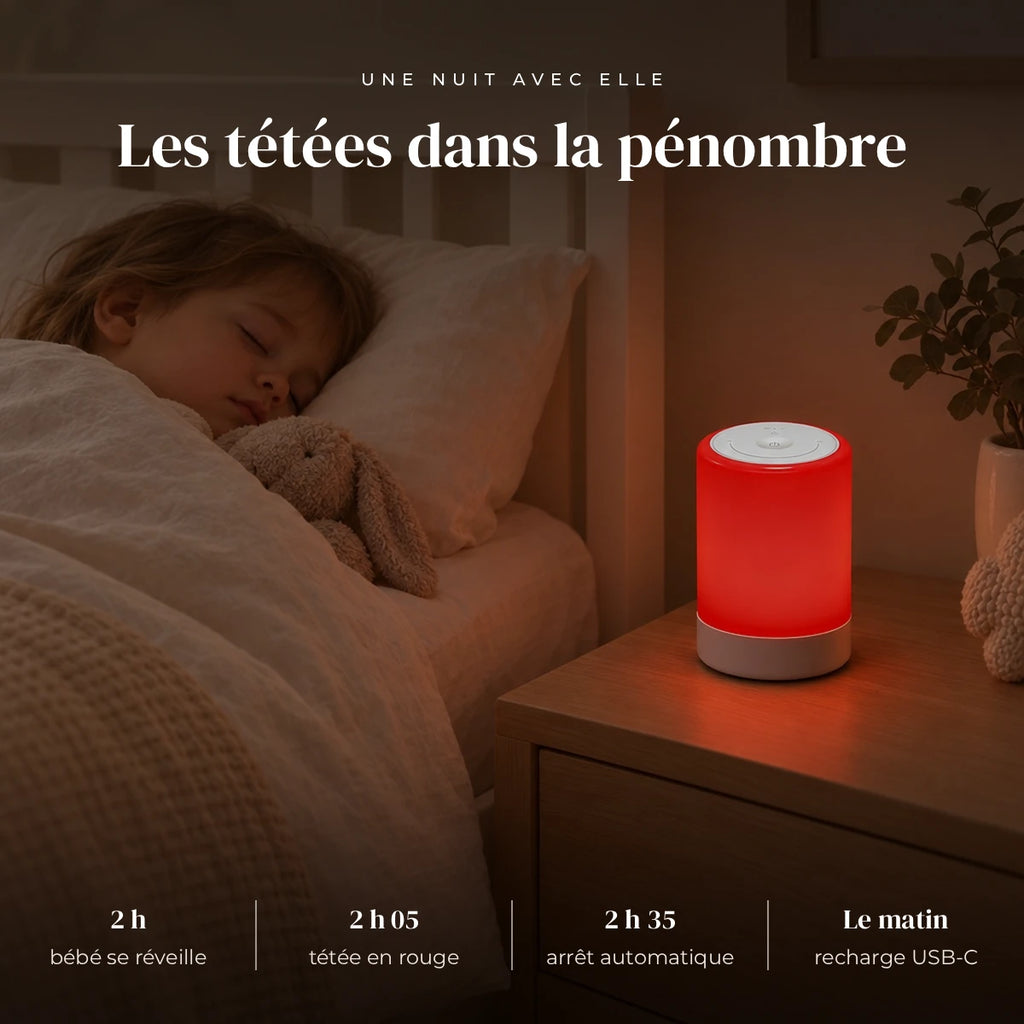Veilleuse allaitement lumière rouge 670 nm qui éclaire doucement la chambre pendant que l’enfant dort