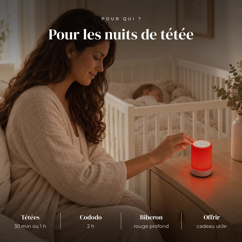 Veilleuse allaitement lumière rouge 670 nm utilisée la nuit dans la chambre de bébé
