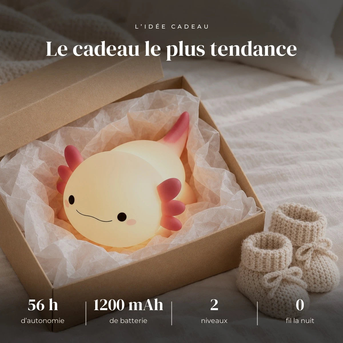 Veilleuse axolotl rechargeable en silicone dans sa boîte cadeau, idée cadeau de naissance