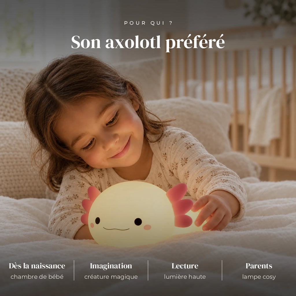 Veilleuse axolotl rechargeable en silicone utilisée la nuit dans la chambre de bébé
