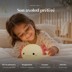 Veilleuse axolotl rechargeable en silicone utilisée la nuit dans la chambre de bébé