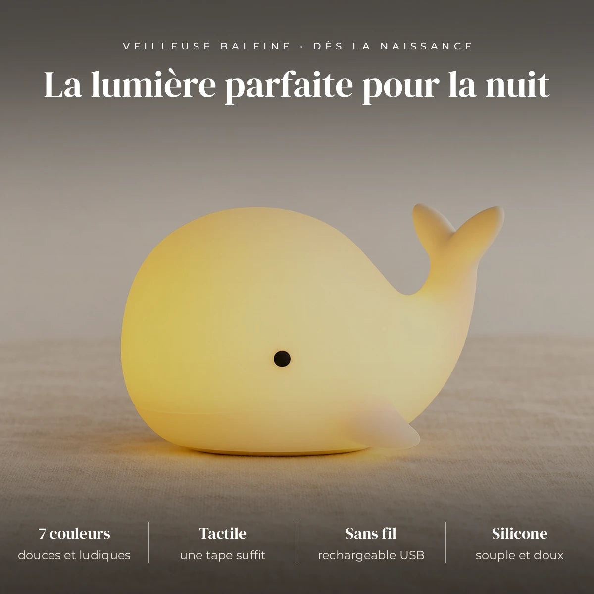 Veilleuse baleine bébé en silicone : silicone souple, LED, 7 couleurs, tactile (tapotement)