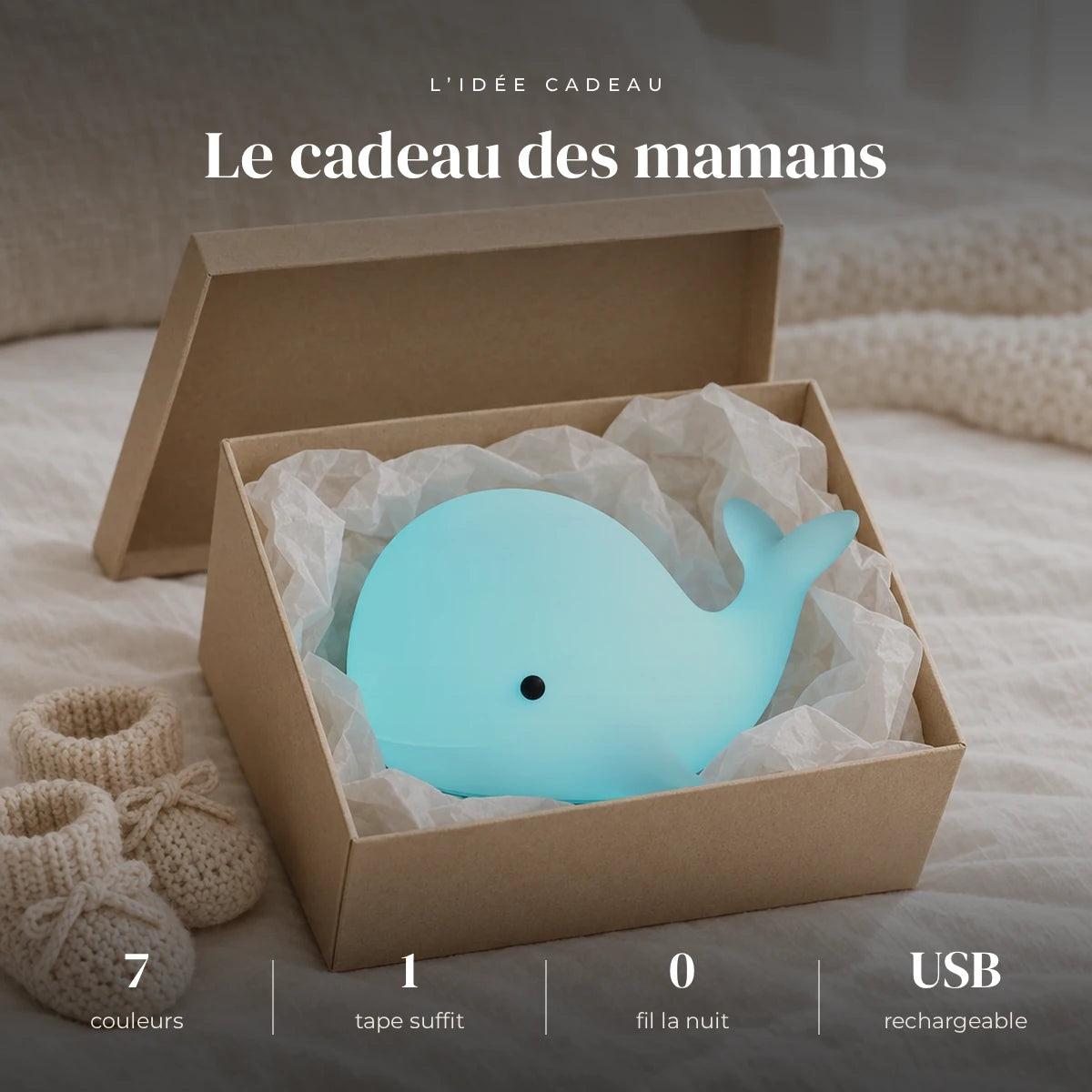 Veilleuse baleine bébé en silicone dans sa boîte cadeau, idée cadeau de naissance