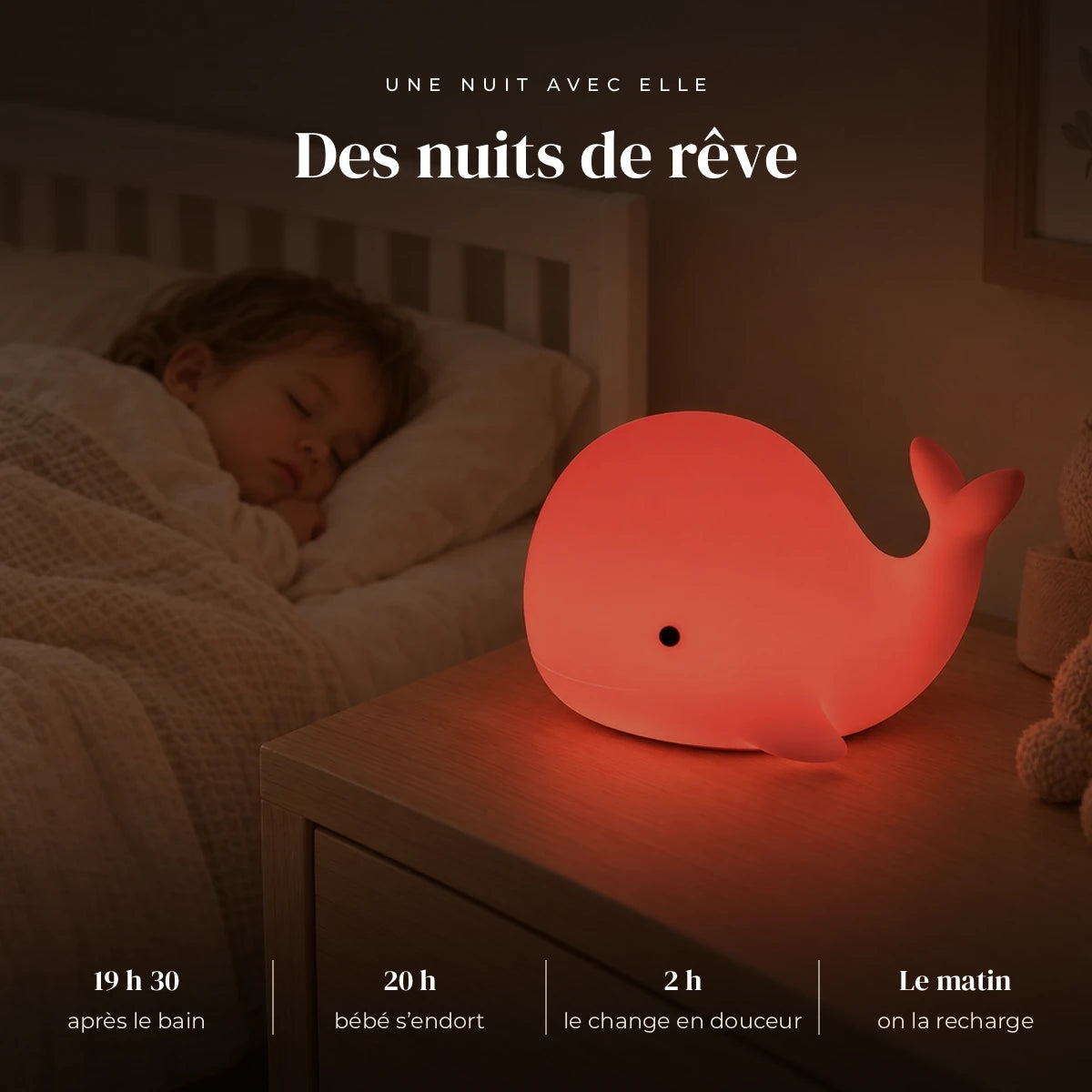 Veilleuse baleine bébé en silicone qui éclaire doucement la chambre pendant que l’enfant dort