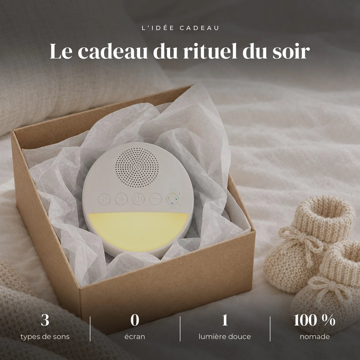 Veilleuse bruits blancs bébé dans sa boîte cadeau, idée cadeau de naissance
