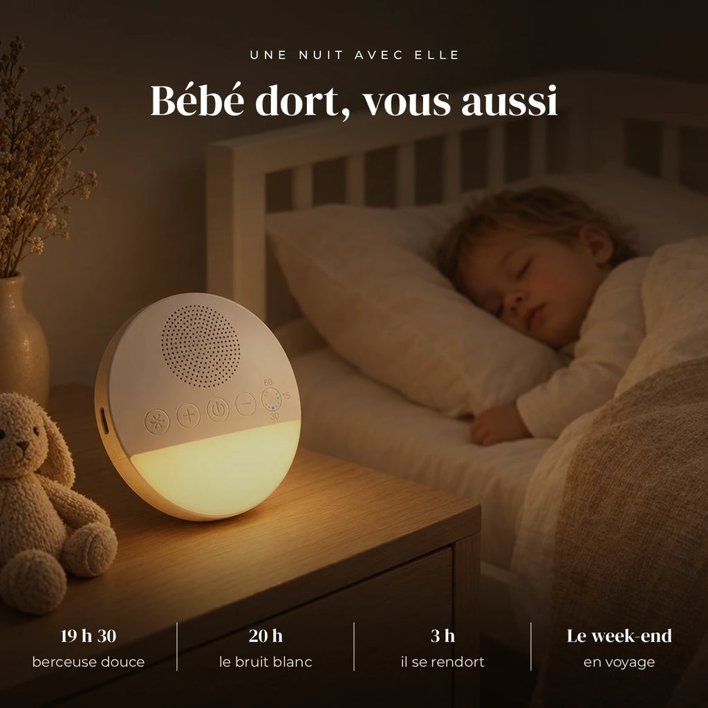 Veilleuse bruits blancs bébé qui éclaire doucement la chambre pendant que l’enfant dort