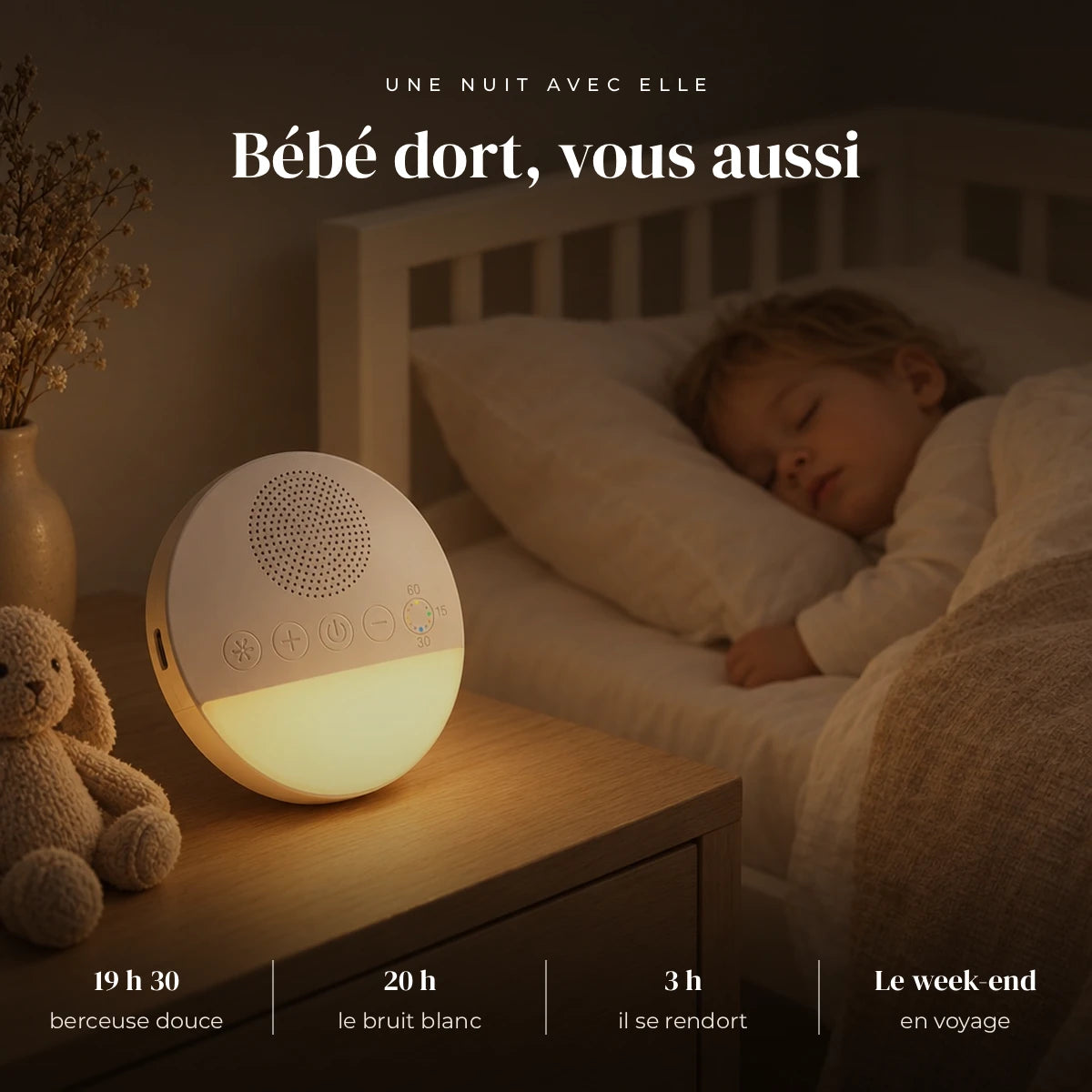 Veilleuse bruits blancs bébé qui éclaire doucement la chambre pendant que l’enfant dort