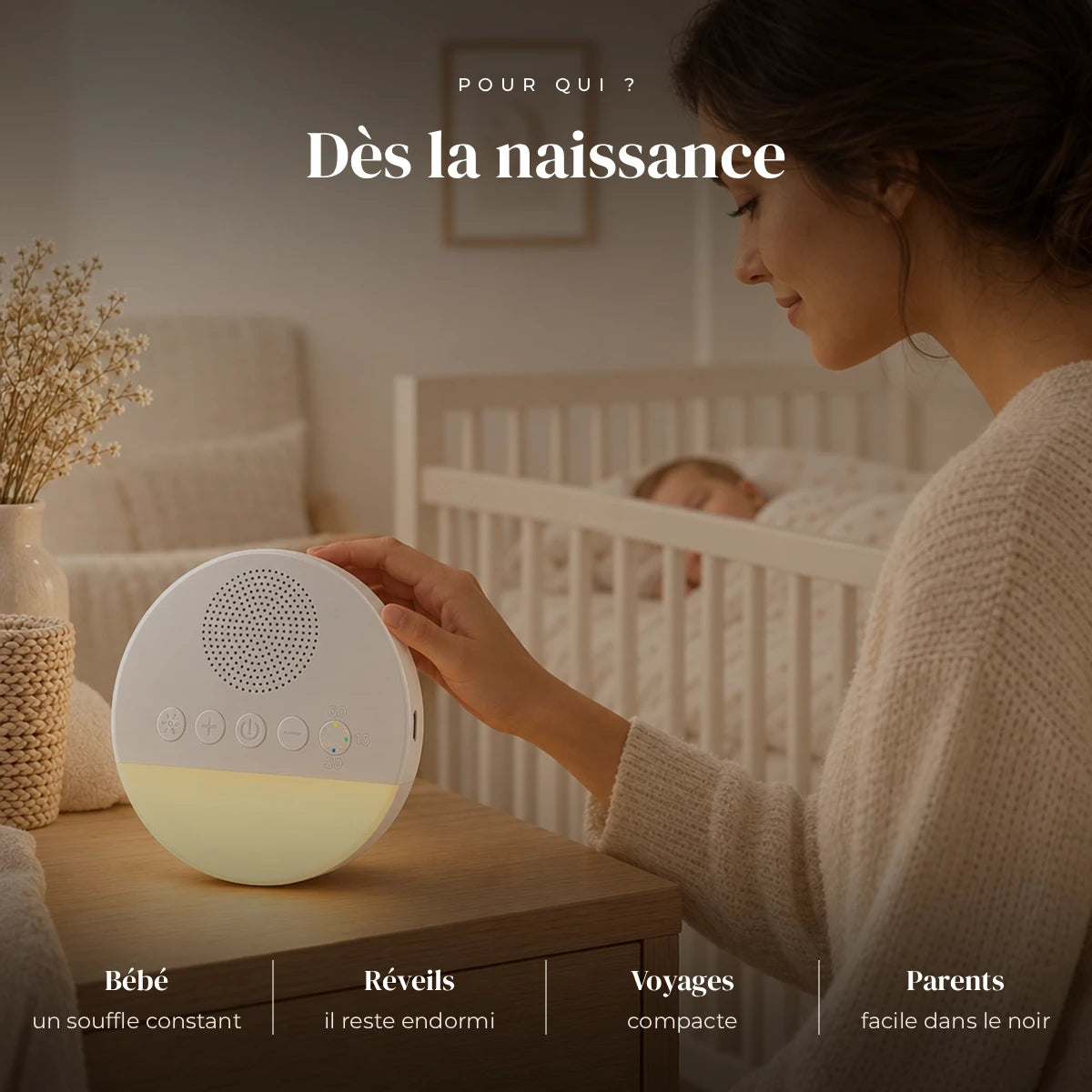 Veilleuse bruits blancs bébé utilisée la nuit dans la chambre de bébé