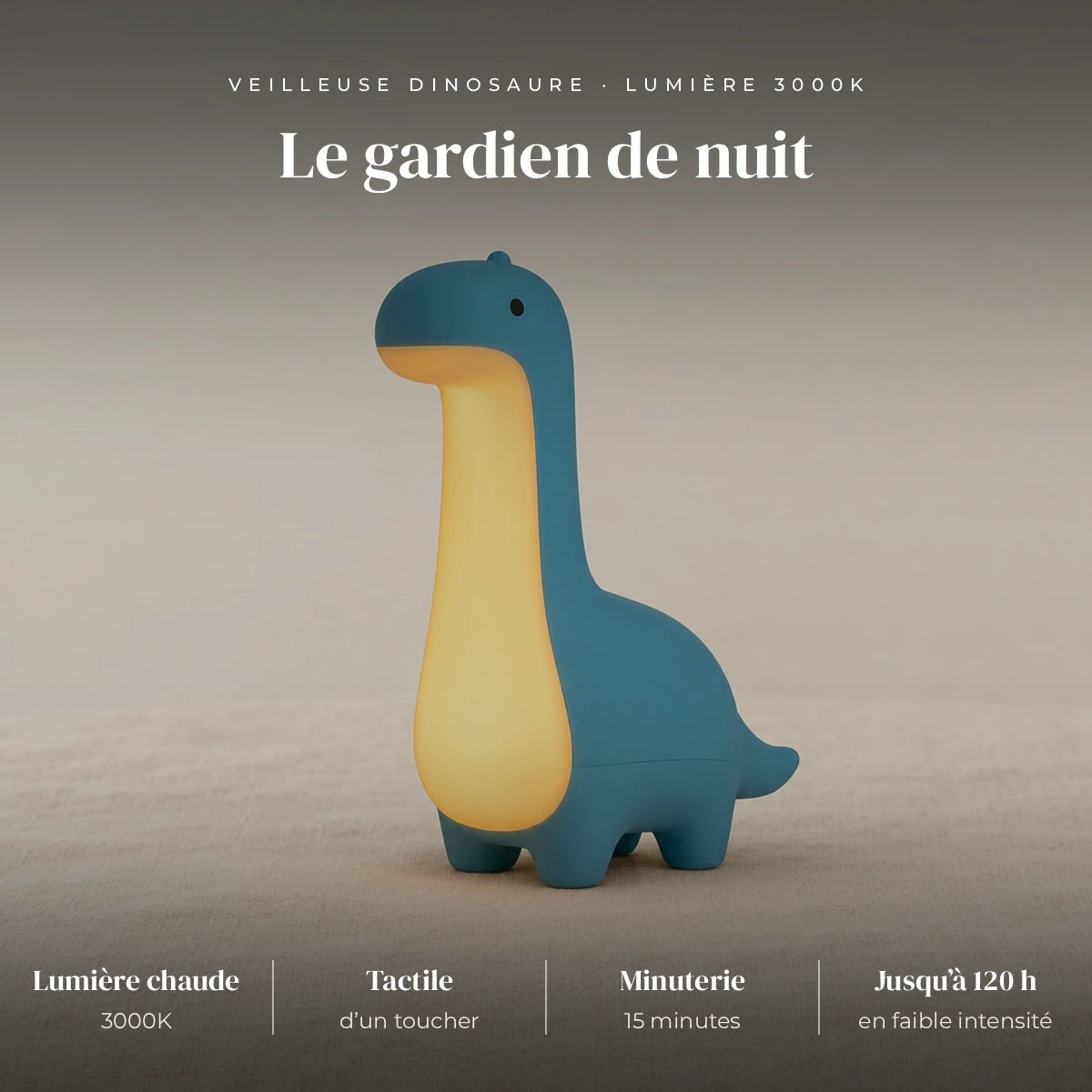 Veilleuse dinosaure bébé : LED chaude 3000K, tactile, 15 minutes