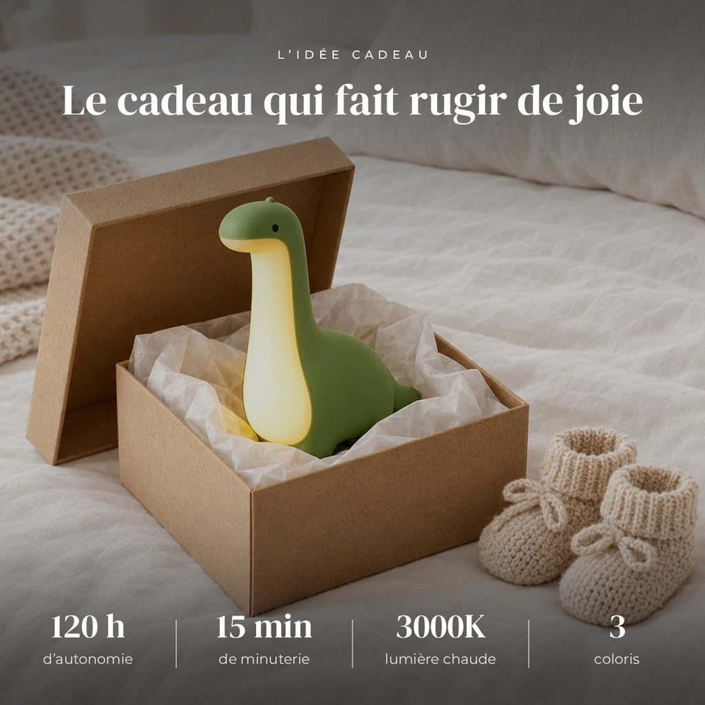 Veilleuse dinosaure bébé dans sa boîte cadeau, idée cadeau de naissance