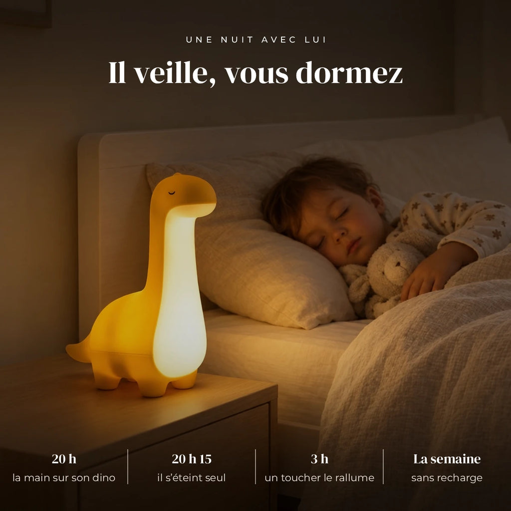 Veilleuse dinosaure bébé qui éclaire doucement la chambre pendant que l’enfant dort
