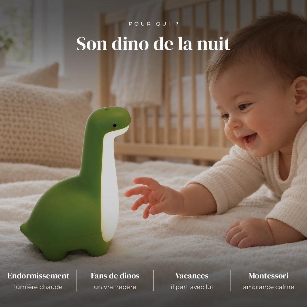 Veilleuse dinosaure bébé utilisée la nuit dans la chambre de bébé