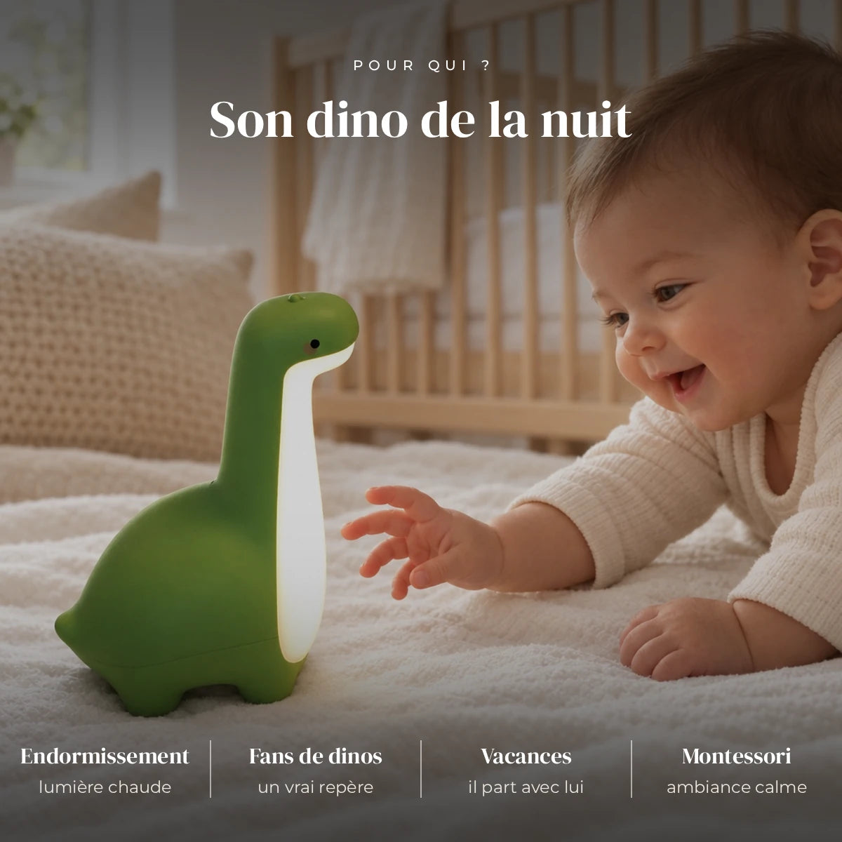 Veilleuse dinosaure bébé utilisée la nuit dans la chambre de bébé