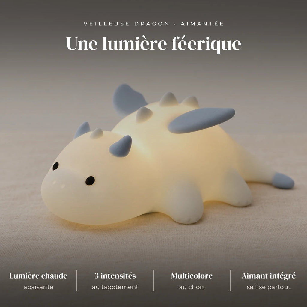 Veilleuse bébé dragon aimantée : silicone souple, LED chaude, 3 intensités + mode multicolore, tapotement