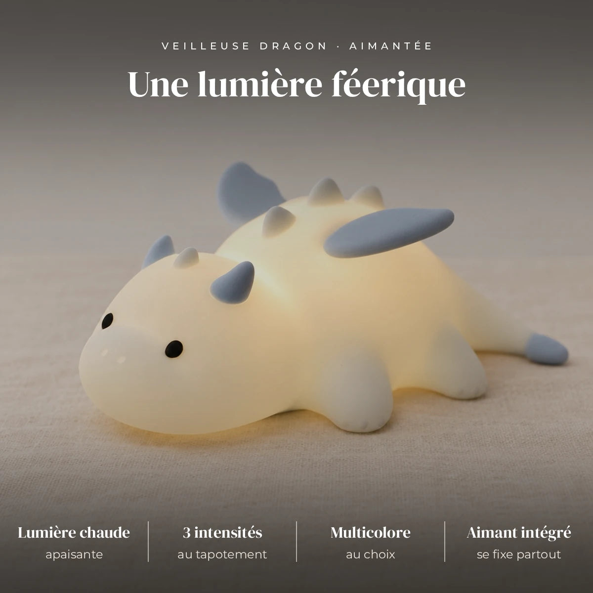Veilleuse bébé dragon aimantée : silicone souple, LED chaude, 3 intensités + mode multicolore, tapotement
