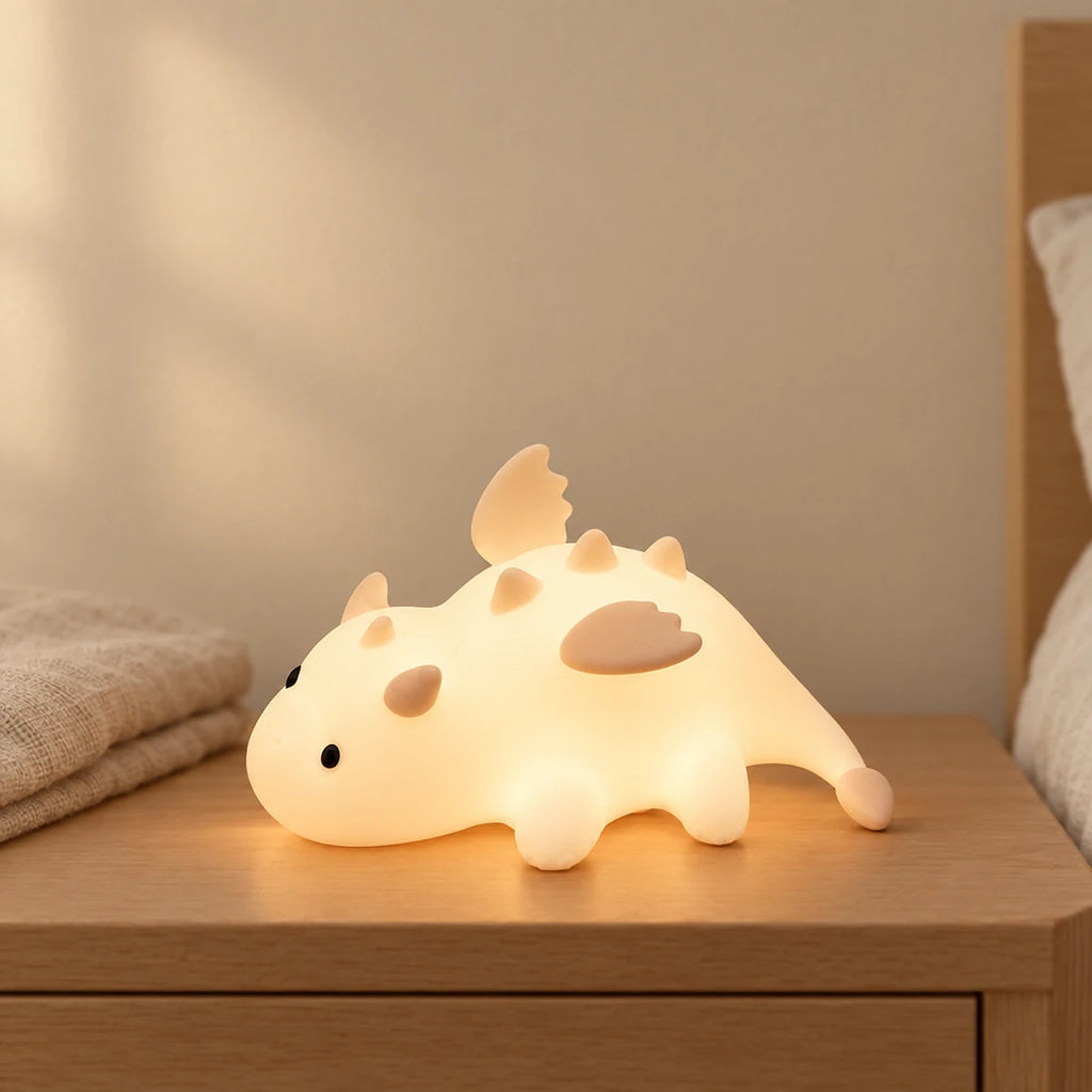 Veilleuse bébé dragon aimantée allumée sur une table de chevet en chêne dans une chambre d’enfant