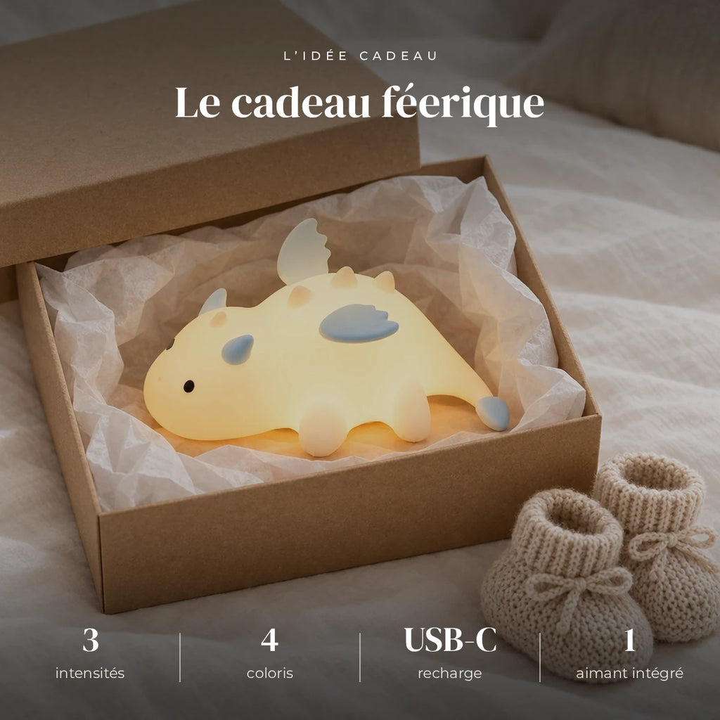 Veilleuse bébé dragon aimantée dans sa boîte cadeau, idée cadeau de naissance