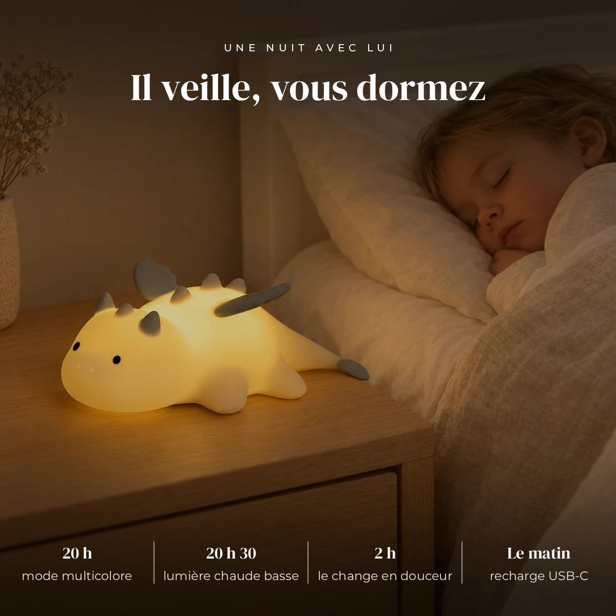 Veilleuse bébé dragon aimantée qui éclaire doucement la chambre pendant que l’enfant dort