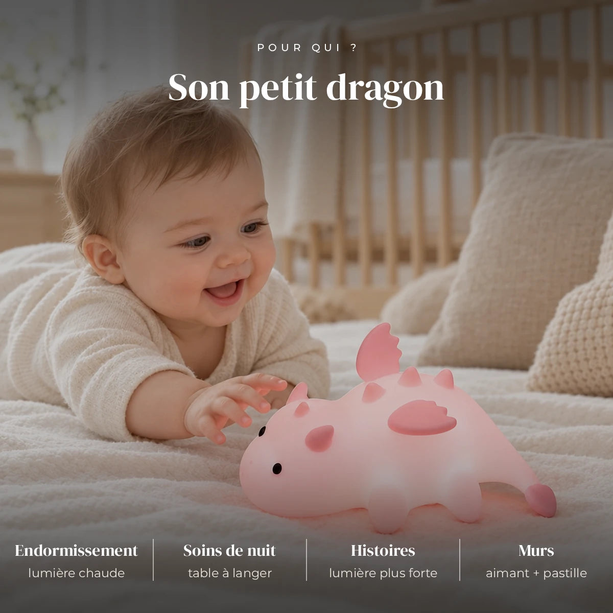 Veilleuse bébé dragon aimantée utilisée la nuit dans la chambre de bébé