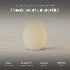 Veilleuse maternité œuf nomade : blanc tamisé, cycle de couleurs, rouge verrouillable, jusqu’à 100 h en basse intensité, environ 5 h en pleine intensité, OFF, ON, 1H (arrêt après 60 min)