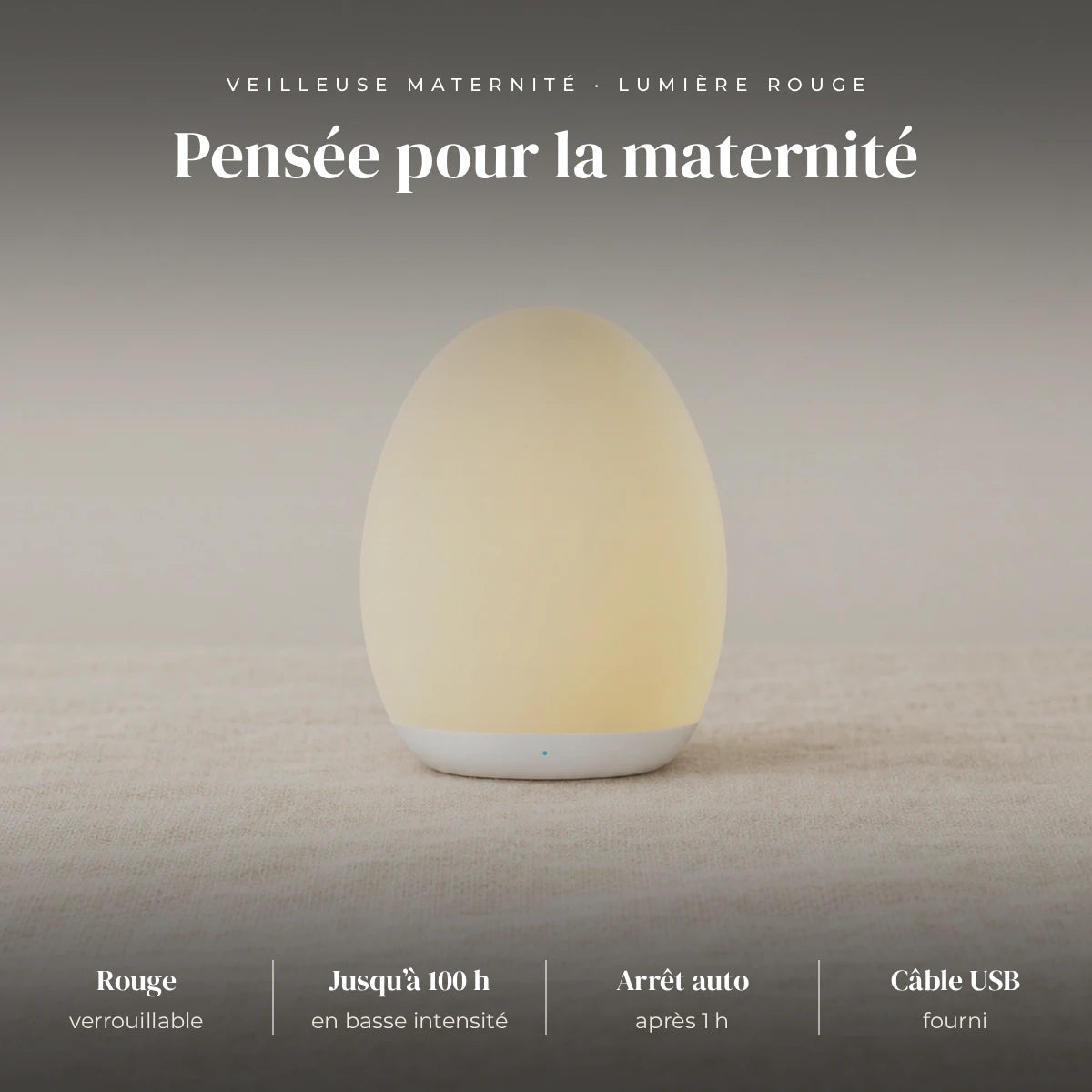 Veilleuse maternité œuf nomade : blanc tamisé, cycle de couleurs, rouge verrouillable, jusqu’à 100 h en basse intensité, environ 5 h en pleine intensité, OFF, ON, 1H (arrêt après 60 min)