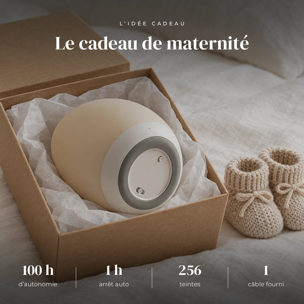 Veilleuse maternité œuf nomade dans sa boîte cadeau, idée cadeau de naissance