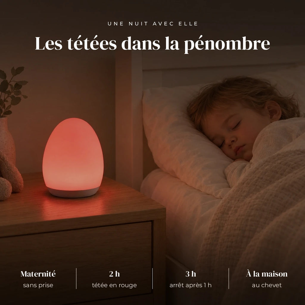 Veilleuse maternité œuf nomade qui éclaire doucement la chambre pendant que l’enfant dort
