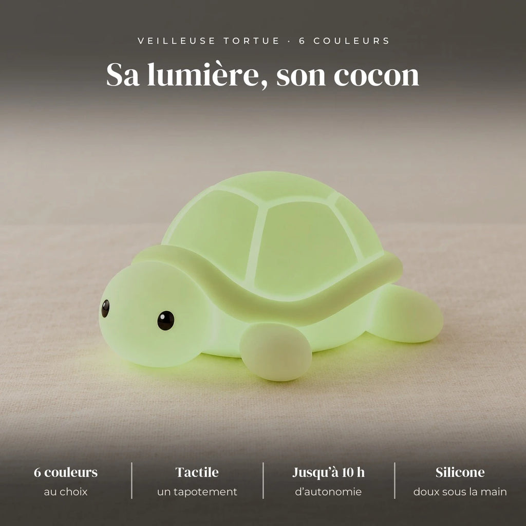 Veilleuse tortue bébé en silicone : silicone doux, LED, 6 couleurs, tactile