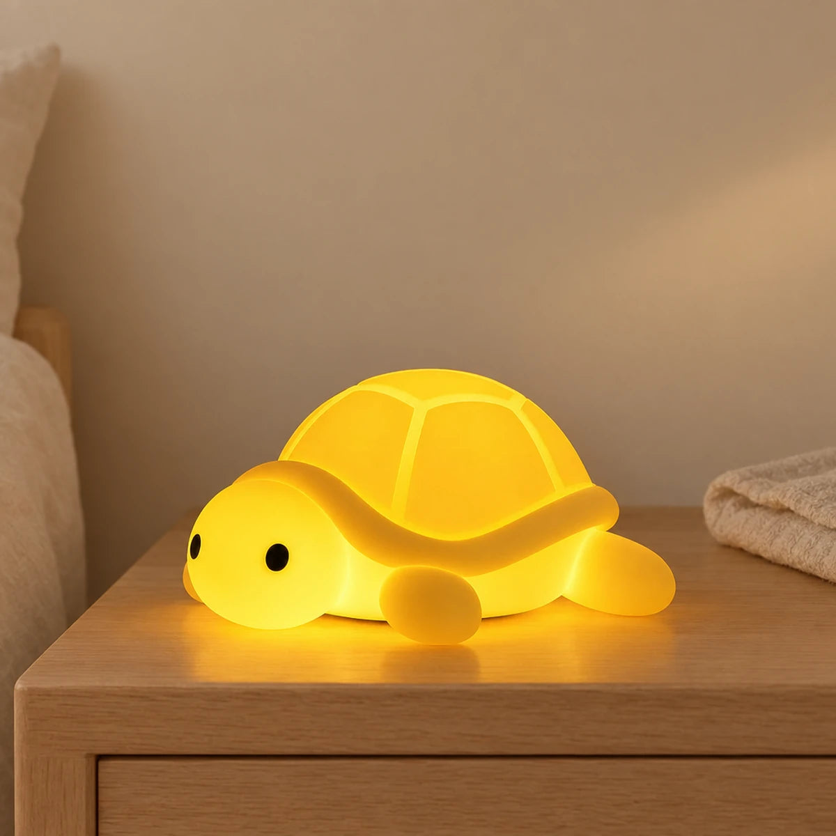 Veilleuse tortue bébé en silicone allumée sur une table de chevet en chêne dans une chambre d’enfant