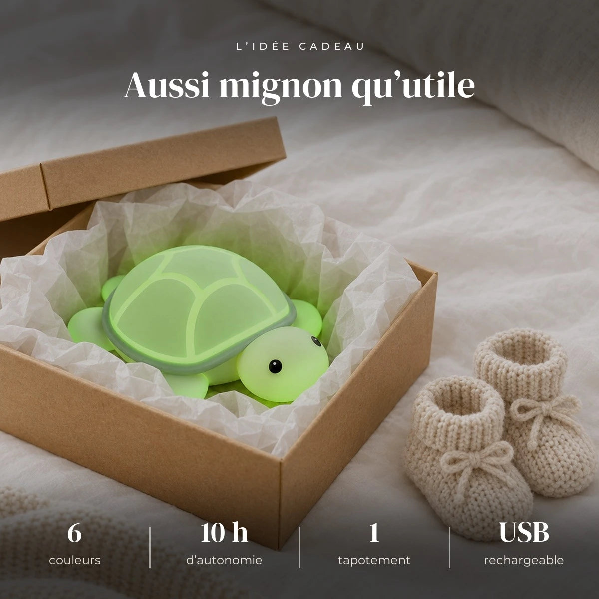 Veilleuse tortue bébé en silicone dans sa boîte cadeau, idée cadeau de naissance