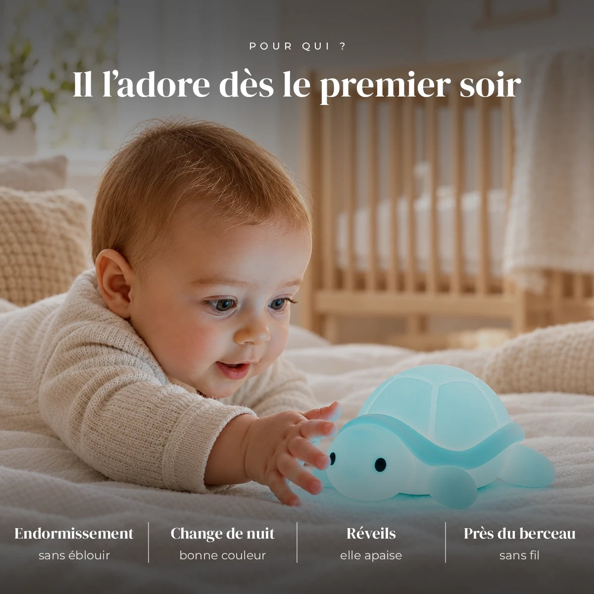 Veilleuse tortue bébé en silicone utilisée la nuit dans la chambre de bébé
