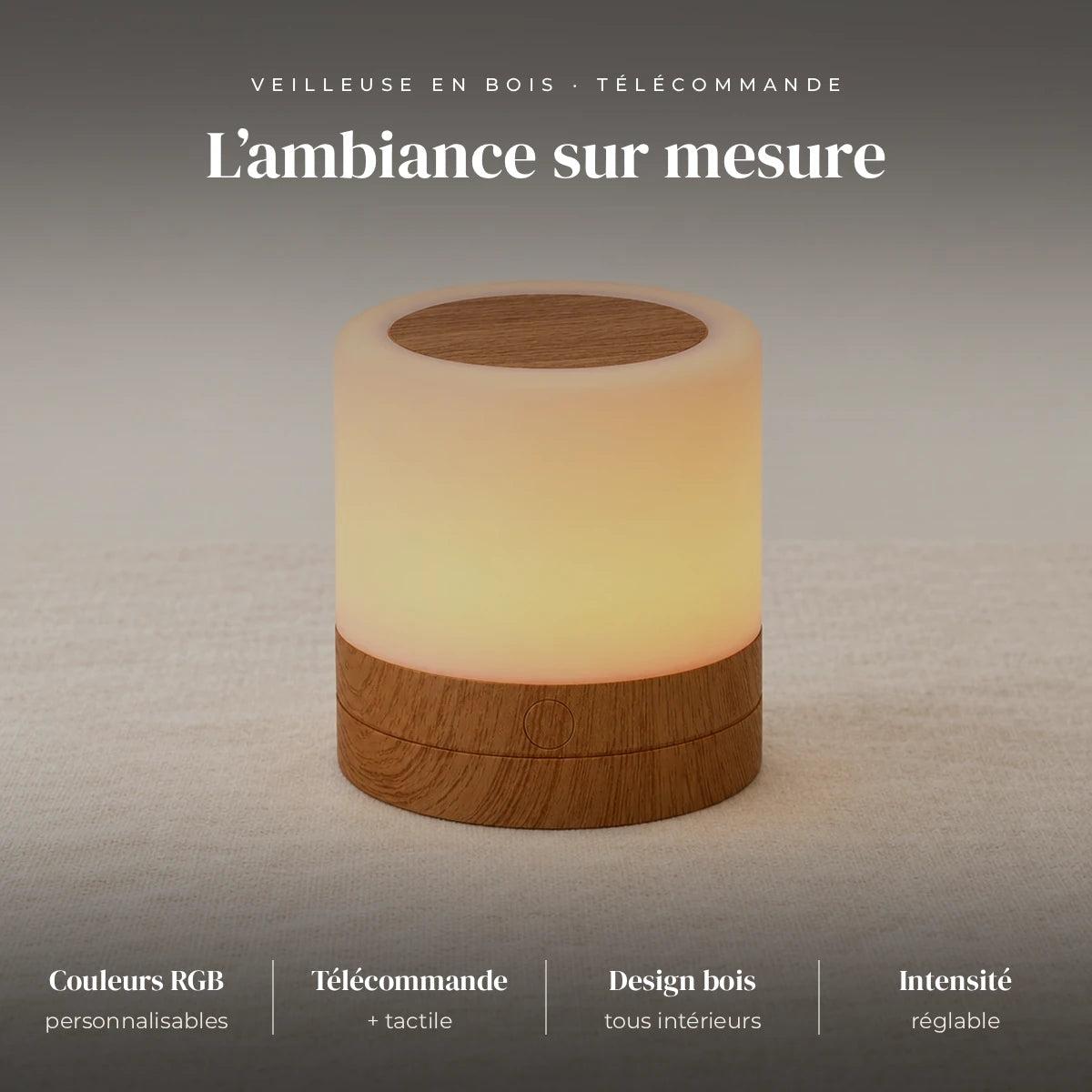 Veilleuse en bois tactile RGB avec télécommande : bois, RGB, intensité réglable, tactile + télécommande fournie