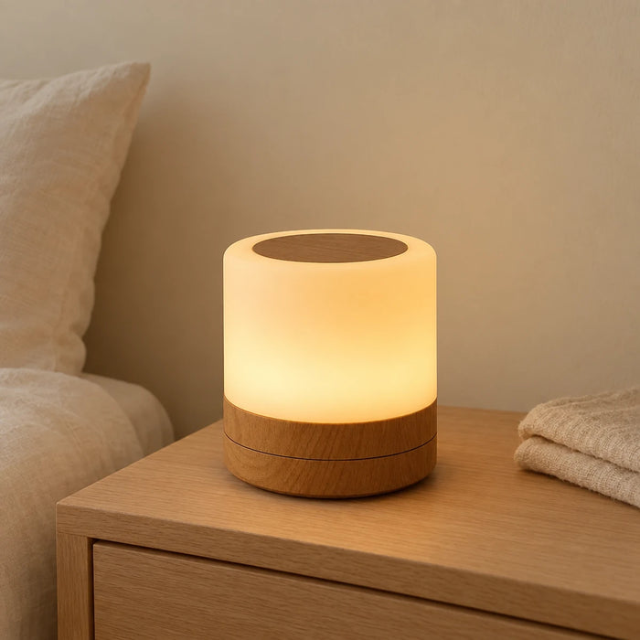 Veilleuse en bois tactile RGB avec télécommande allumée sur une table de chevet en chêne dans une chambre d’enfant