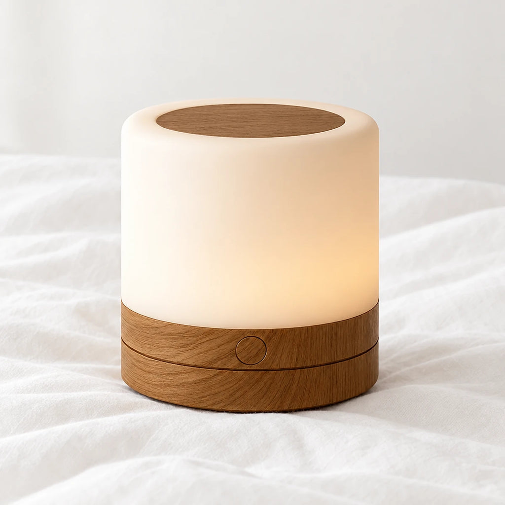 Veilleuse en bois tactile RGB avec télécommande en gros plan sur un drap blanc