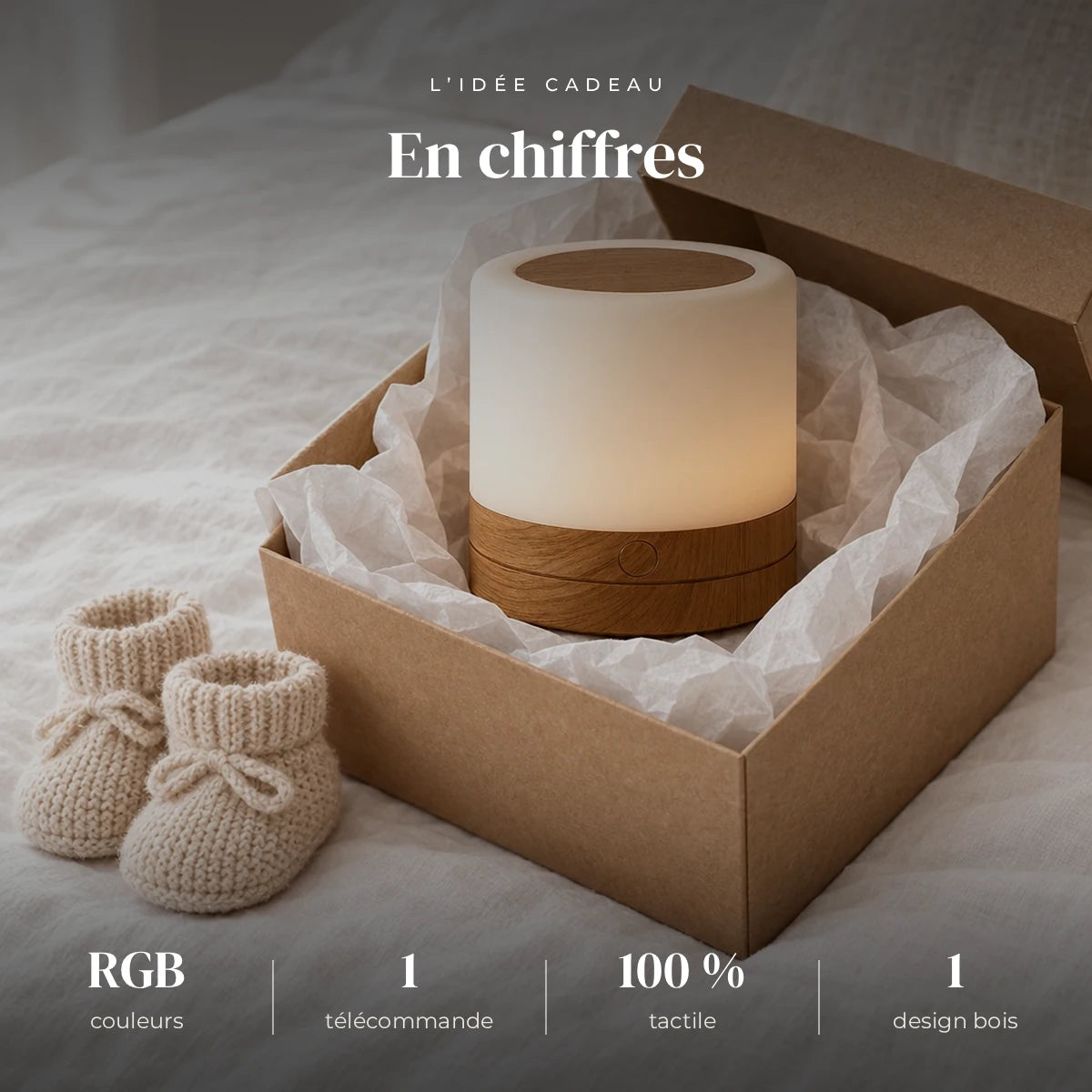 Veilleuse en bois tactile RGB avec télécommande dans sa boîte cadeau, idée cadeau de naissance