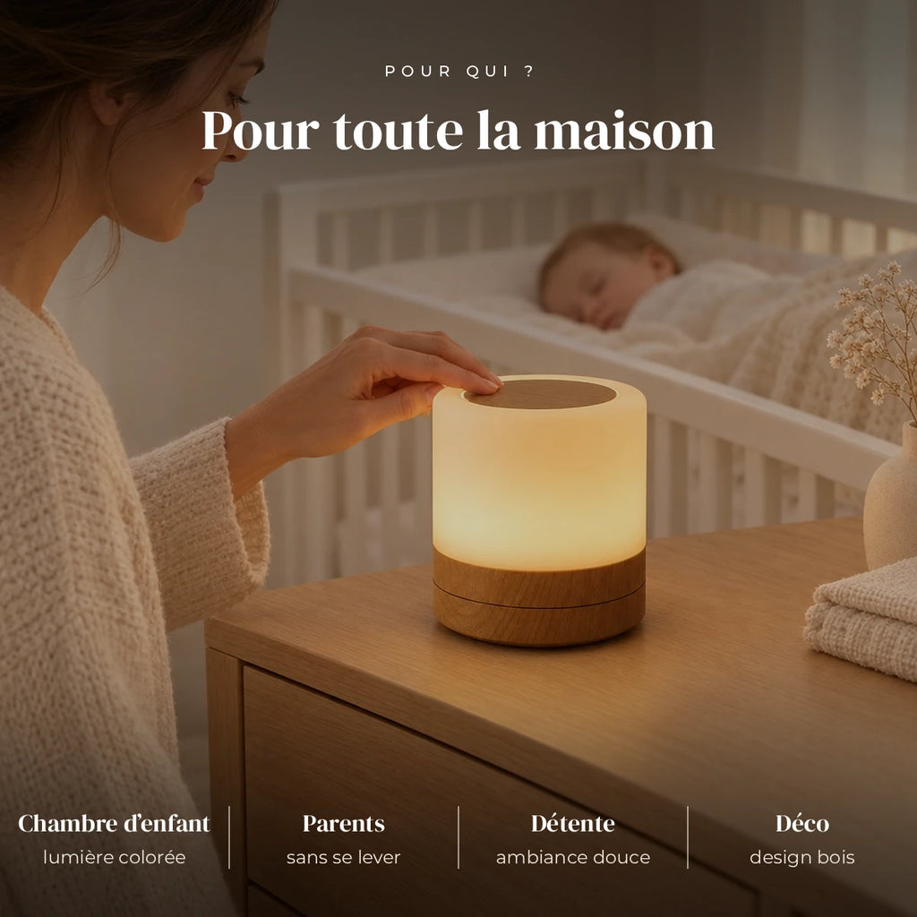 Veilleuse en bois tactile RGB avec télécommande utilisée la nuit dans la chambre de bébé