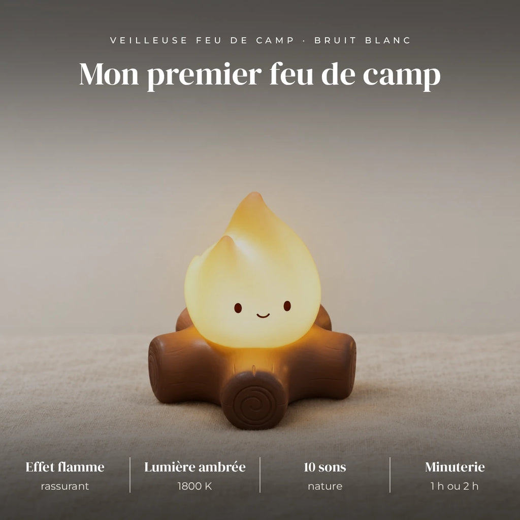 Veilleuse feu de camp bruit blanc : flamme et bûches, lumière ambrée 1800 K, 10 sons nature