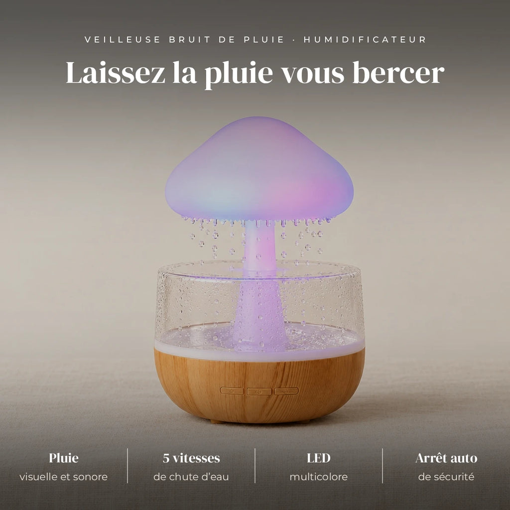 Veilleuse bruit de pluie champignon : pluie visuelle et sonore, 5 vitesses, LED multicolore, 3 niveaux, réservoir 300 ml