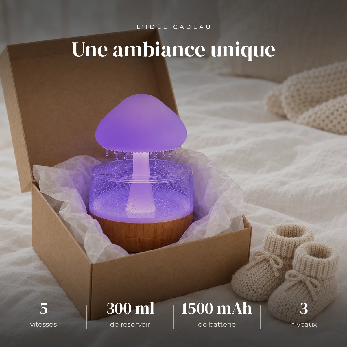 Veilleuse bruit de pluie champignon dans sa boîte cadeau, idée cadeau de naissance