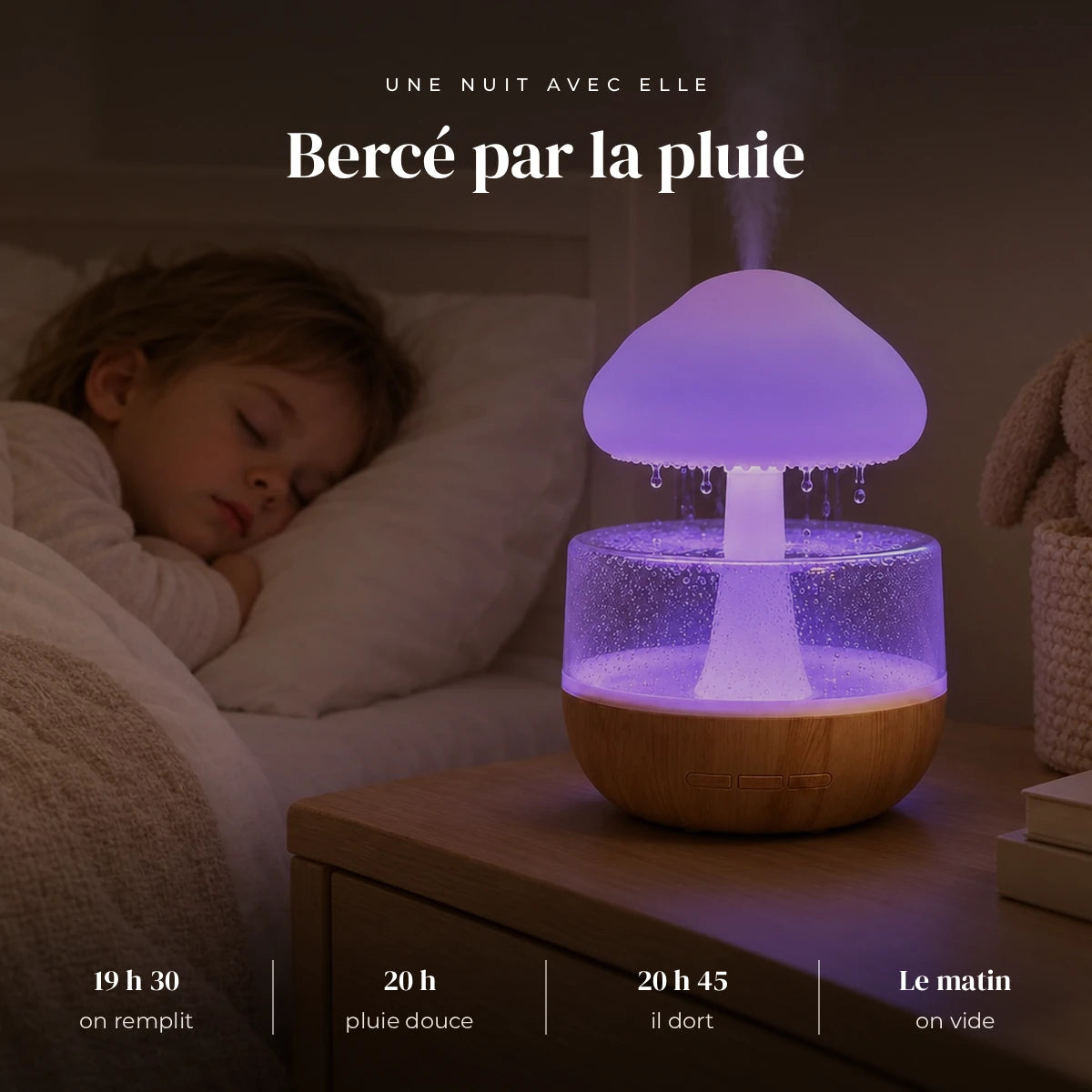 Veilleuse bruit de pluie champignon qui éclaire doucement la chambre pendant que l’enfant dort