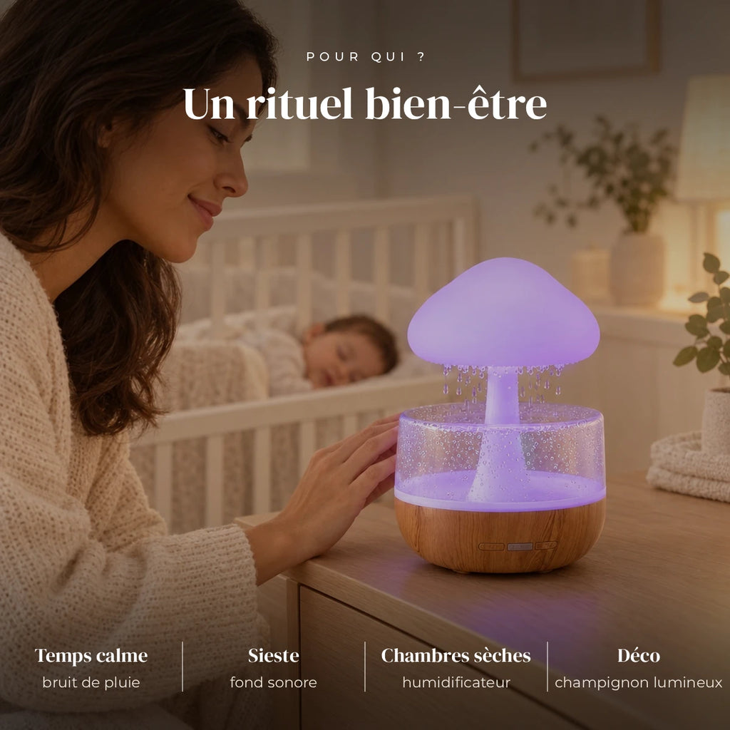 Veilleuse bruit de pluie champignon utilisée la nuit dans la chambre de bébé